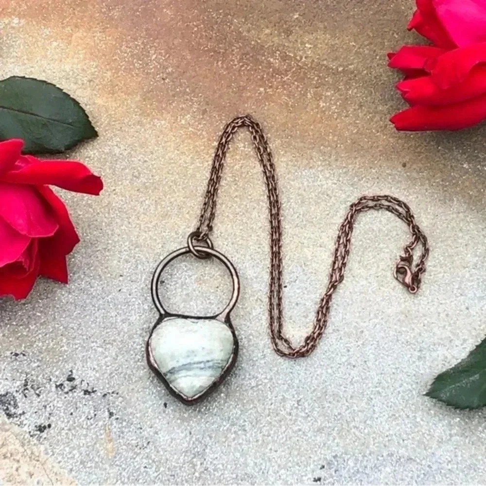 Nice Heart Shape Gray/Grey Banded Botswana & Antiqued Copper Handmade Necklace